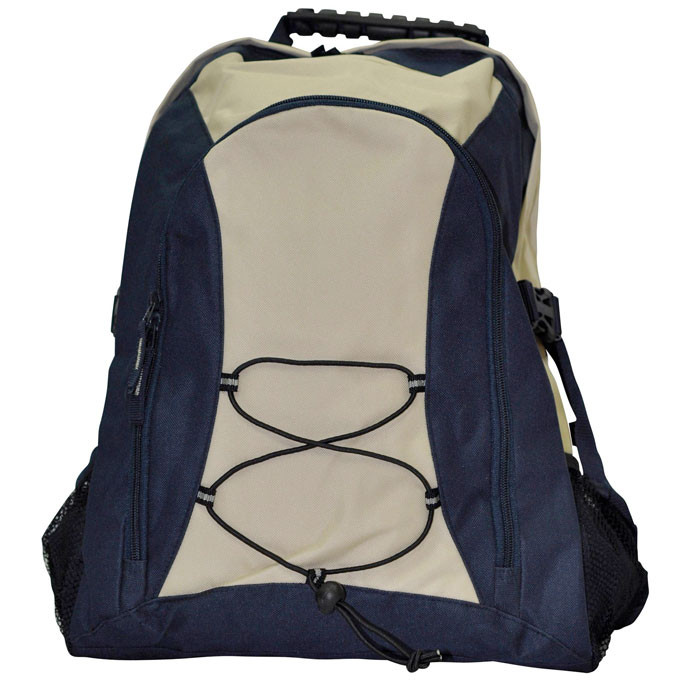 Navy and stone two-tone backpack with padded straps and bungee cord detail on front panel