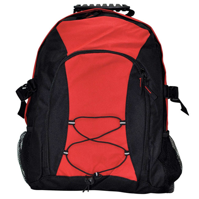 Red and black padded backpack with bungee cord front panel, zip pockets and mesh side pockets