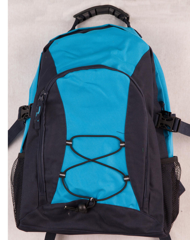 Cyan and black padded backpack with bungee cord lacing, zip pockets, mesh side pocket, and top carry handle