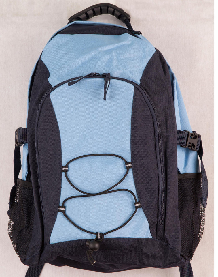 Sky blue and navy padded backpack with front bungee cord system and mesh side pockets