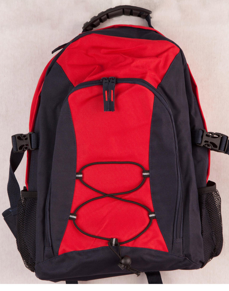 Red and black padded backpack with bungee cord lacing, zip front pocket, side mesh pockets and buckle straps