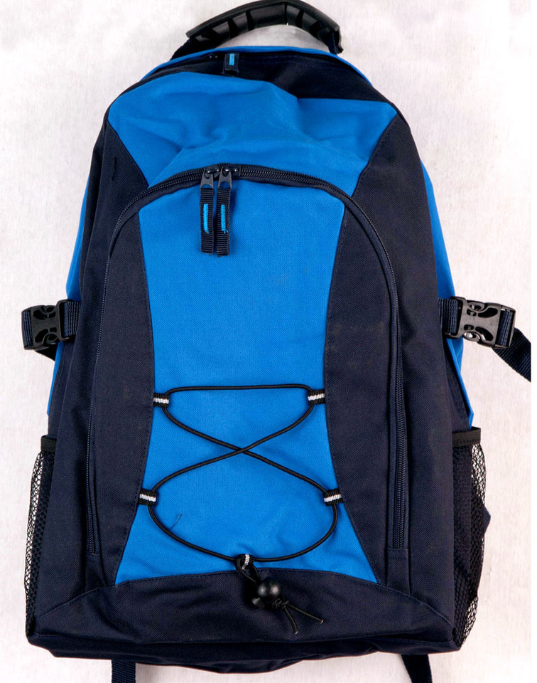 Navy and royal blue backpack with bungee cord front panel, zip pockets, and mesh side pocket