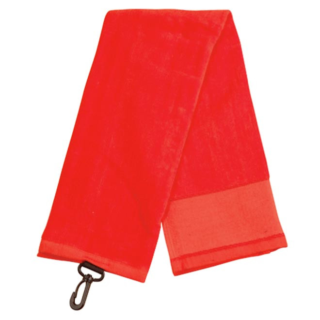 Red terry velour golf towel with carabiner hook clip and woven border panel