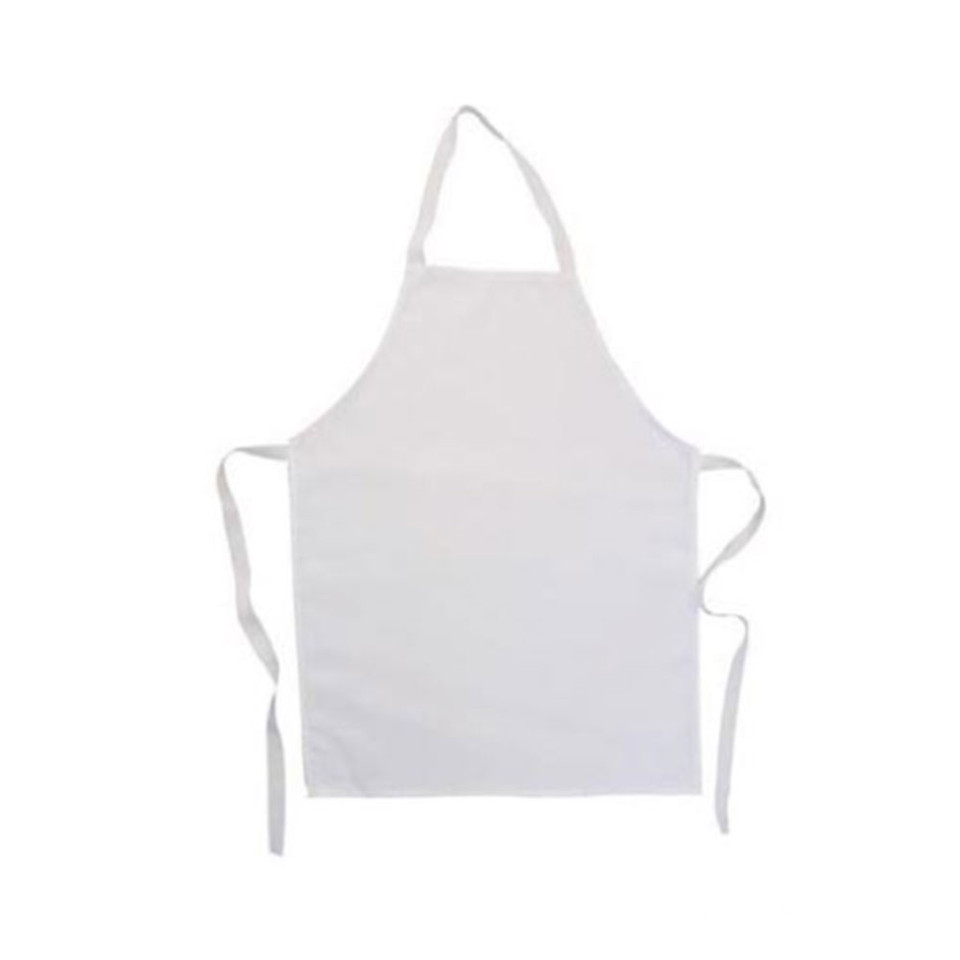 White children's apron with adjustable neck strap and waist ties featuring large flat front panel for decoration