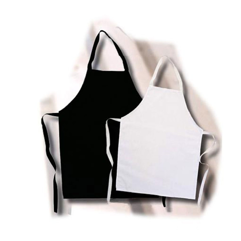 Black and white plain full bib aprons for children, flat lay showing neck loop and waist ties