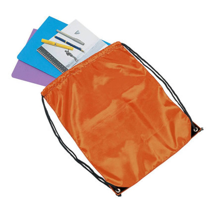 Orange polyester drawstring backpack with black cords and metal eyelets, filled with stationery items