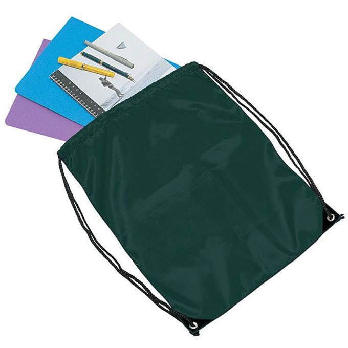 Forest green drawstring backpack with reinforced eyelets holding notebooks and stationery