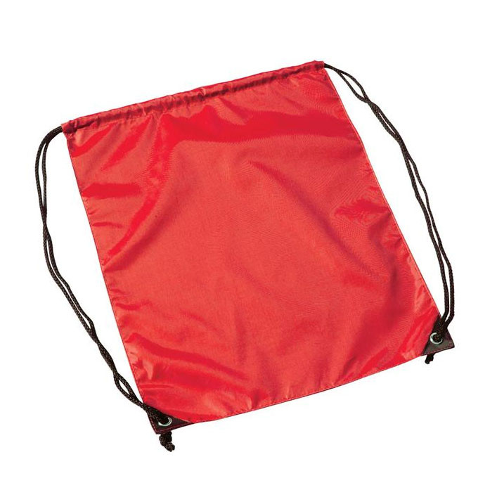 Bright red polyester drawstring backpack with black cord closures and corner reinforcements