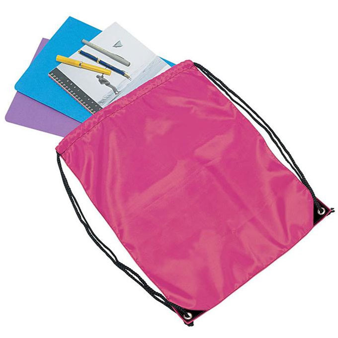 Hot pink polyester drawstring backpack with black cords, shown open with notebooks and stationery inside