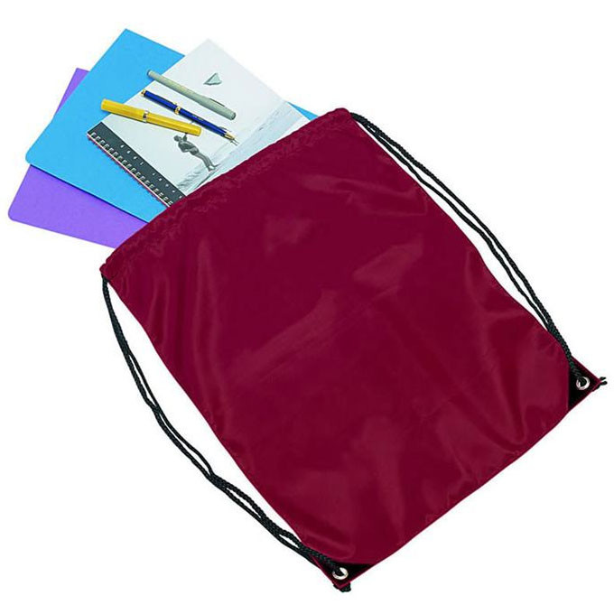 Maroon polyester drawstring backpack with black cords and metal eyelets shown with books and stationery