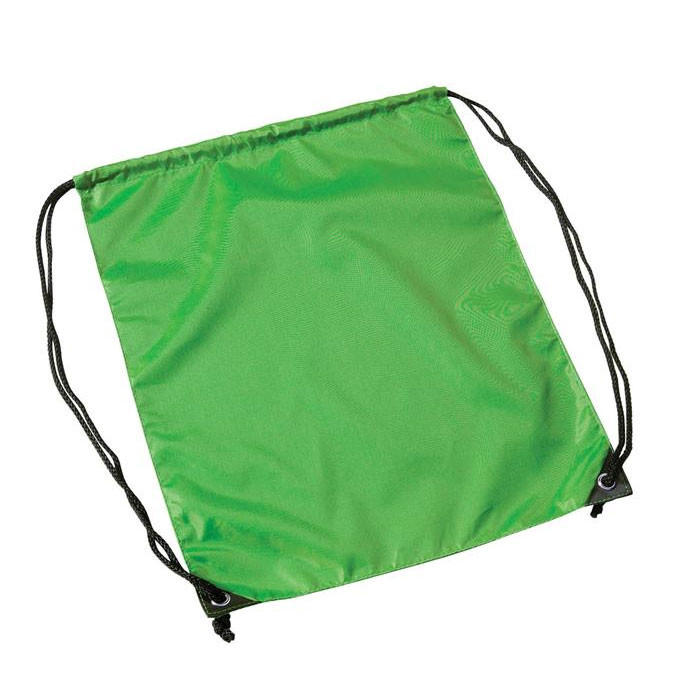 Bright green polyester drawstring backpack with black cords and corner reinforcements