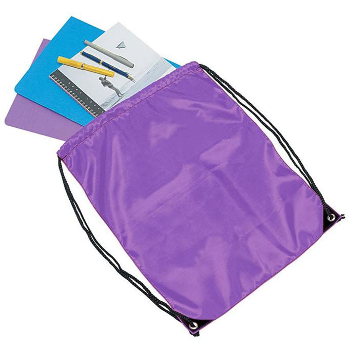 Purple polyester drawstring bag with black cords and metal eyelets, shown with stationery items