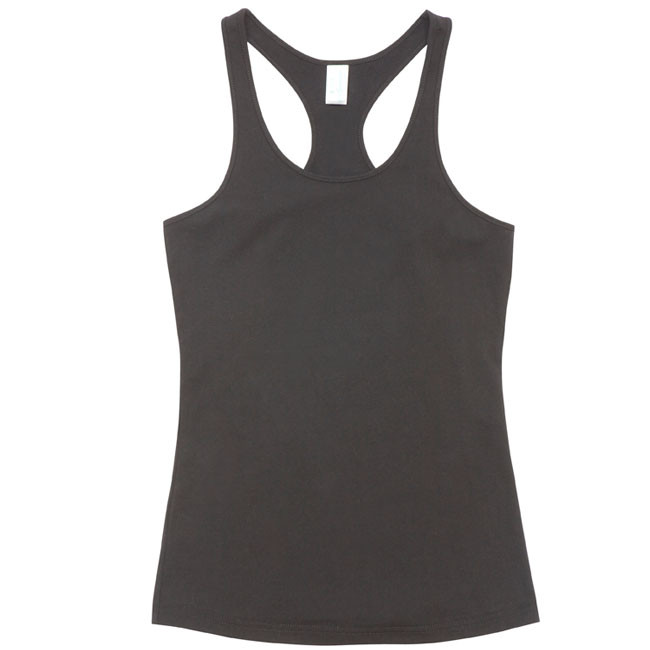 Charcoal grey ladies racerback singlet with contrast white binding at neckline and armholes