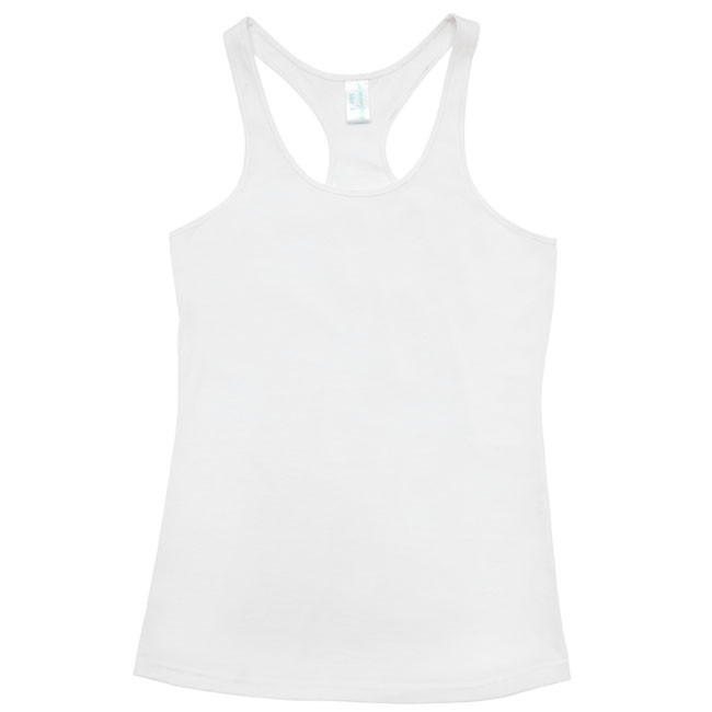 White ladies racerback singlet with wide straps and rounded neckline, flat lay front view