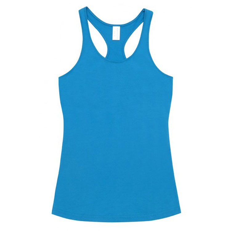 Azure blue women's racerback singlet with contrast white inner back panel