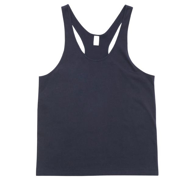 Charcoal grey cotton singlet with racerback straps and curved hem on white background
