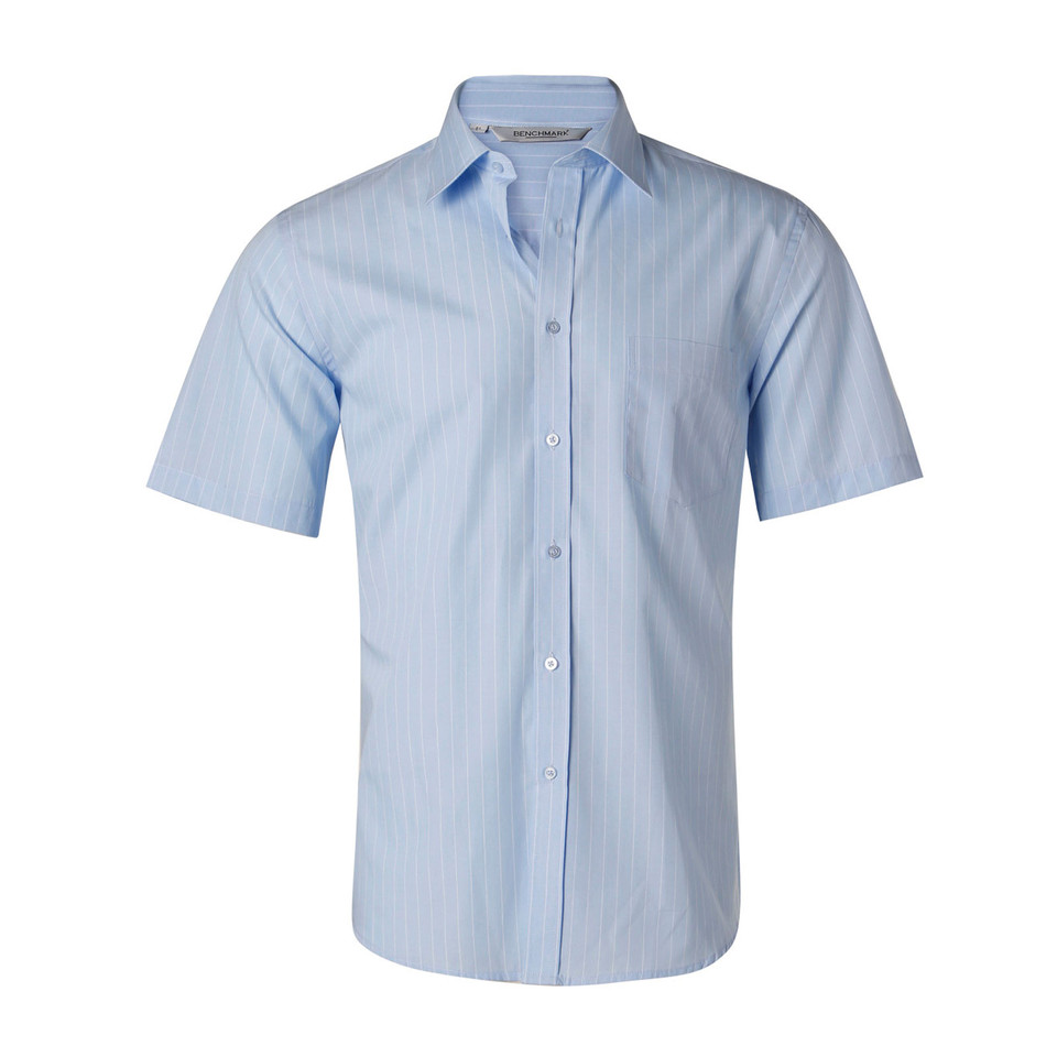 Light blue pinstripe short sleeve business shirt with collar and button-front placket