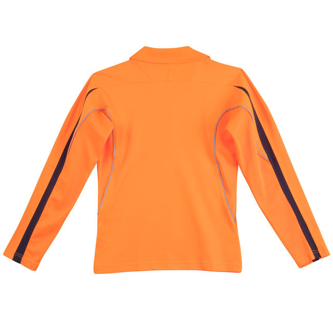 Back view of hi-vis orange long sleeve polo with navy contrast side panels and reflective piping