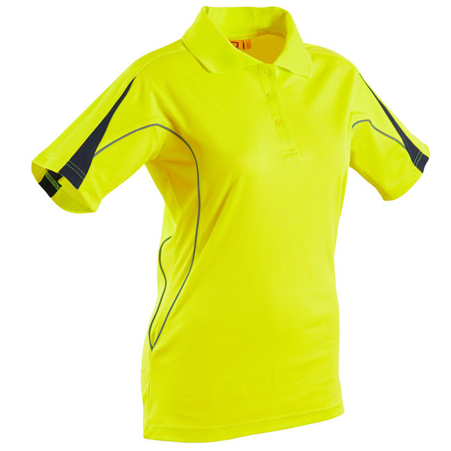 High visibility safety yellow polo shirt with black contrast panels and piping on sides and sleeves