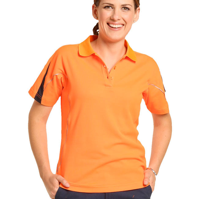 Women's hi-vis orange polo shirt with reflective tape on sleeves and navy contrast trim