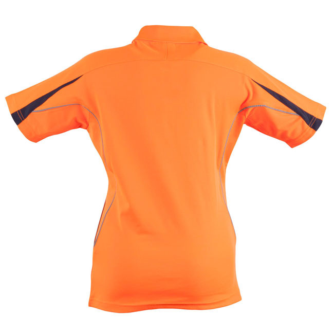 Hi-vis orange polo shirt with navy contrast panels on shoulders and sleeves, back view showing collar and breathable fabric