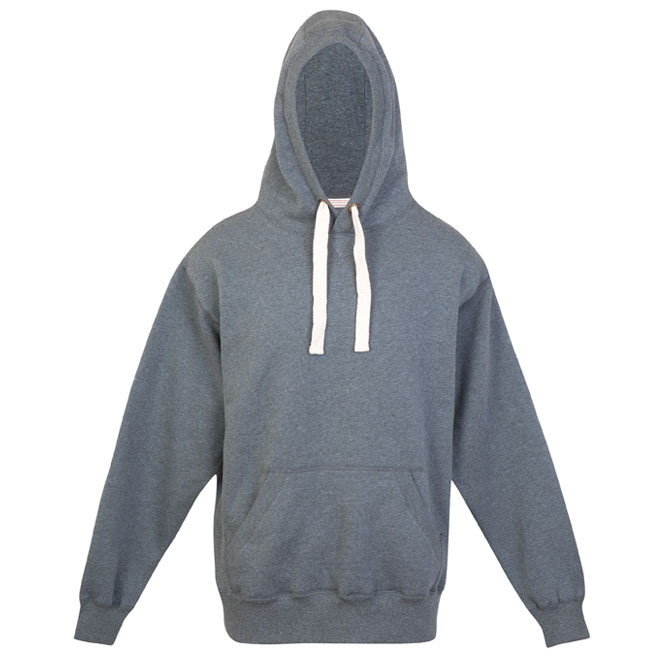 Charcoal marle pullover hoodie with white contrast drawcord, kangaroo pocket and ribbed cuffs