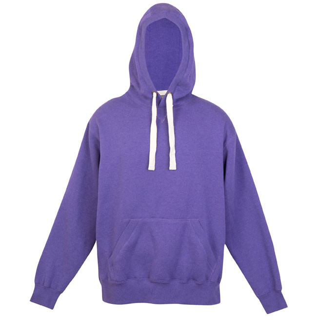 Heather purple pullover hoodie with white drawcords, kangaroo pocket and ribbed cuffs, flat lay