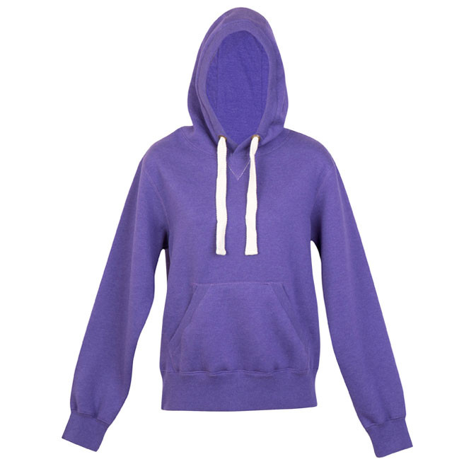 Purple fleece hoodie with contrast white drawcords and front kangaroo pocket