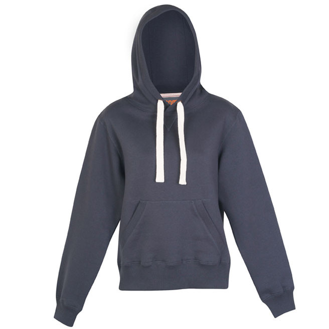 Charcoal grey fleece hoodie with white contrast drawcords and kangaroo pocket
