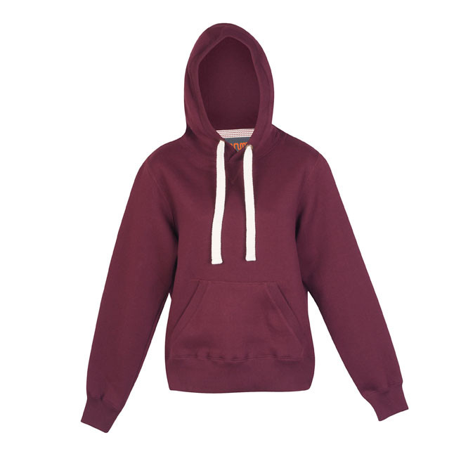 Burgundy fleece pullover hoodie with white drawcords and kangaroo pocket on white background