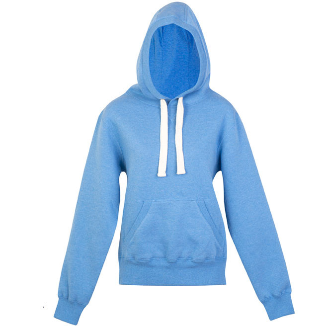 Sky blue fleece hoodie with white contrast drawstrings and kangaroo pocket
