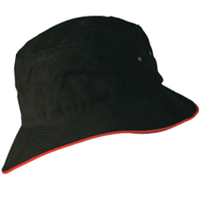 Black bucket hat with red contrast trim on brim edge