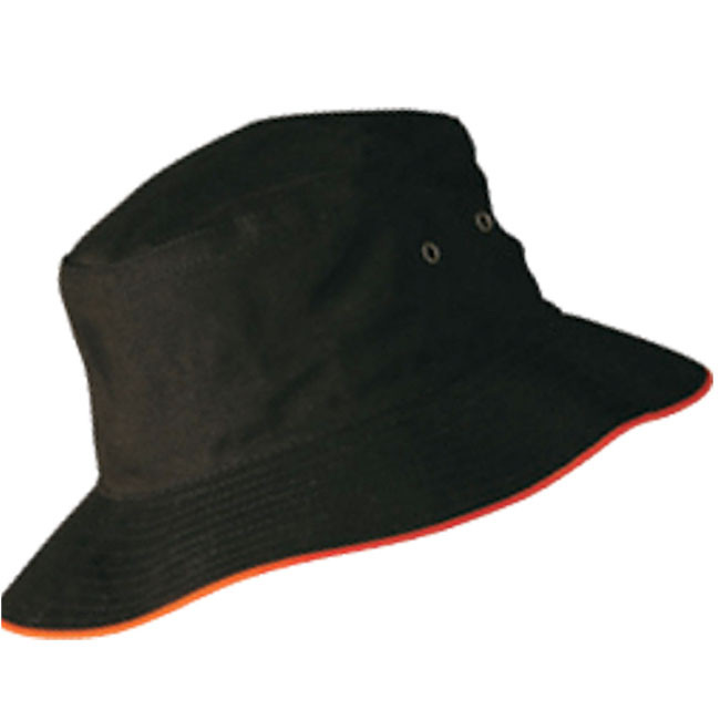 Black bucket hat with contrast orange brim trim and metal eyelets
