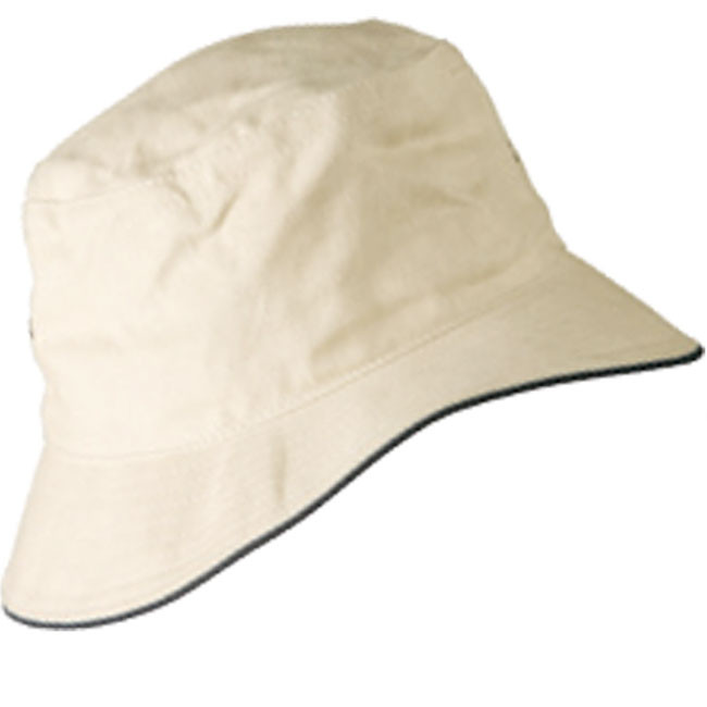 Natural cotton bucket hat with black contrast trim on brim edge