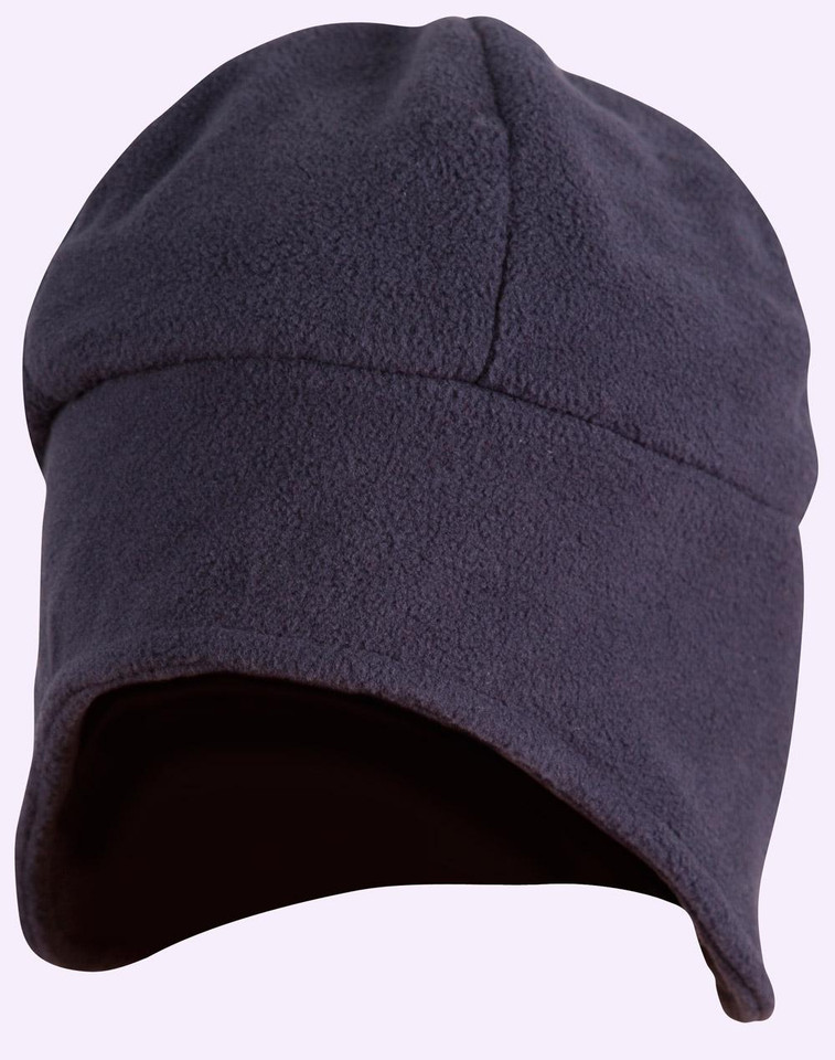 Navy polar fleece beanie with ear covers and curved seam detail