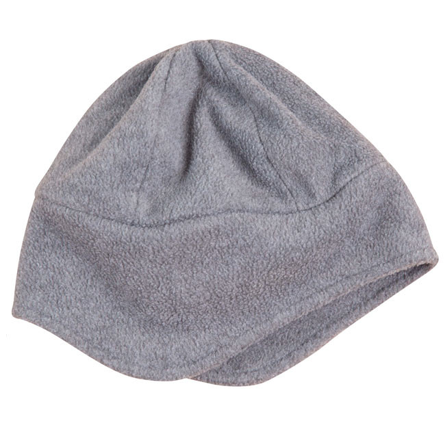 Charcoal THAW Polar Beanie with integrated ear covers, made from warm black polar fleece fabric for maximum wind protection during winter outdoor activities.