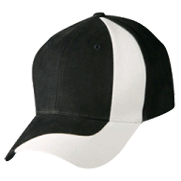 Black and white heavy brushed cotton baseball cap with vertical colour-block front panels and curved brim