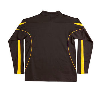 Back view of dark brown long sleeve kids polo with gold contrast shoulder panels and sleeve stripes