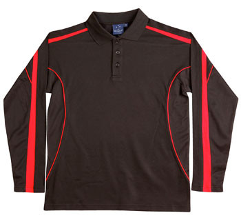 Charcoal long sleeve polo with red and white contrast panels on shoulders and sides