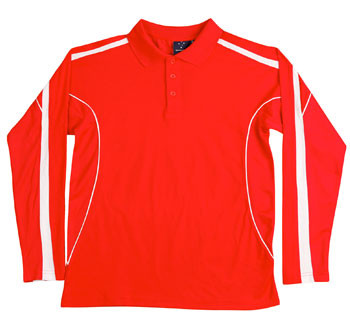 Kids long sleeve polo in red with white curved side panels and shoulder contrast inserts, three-button placket