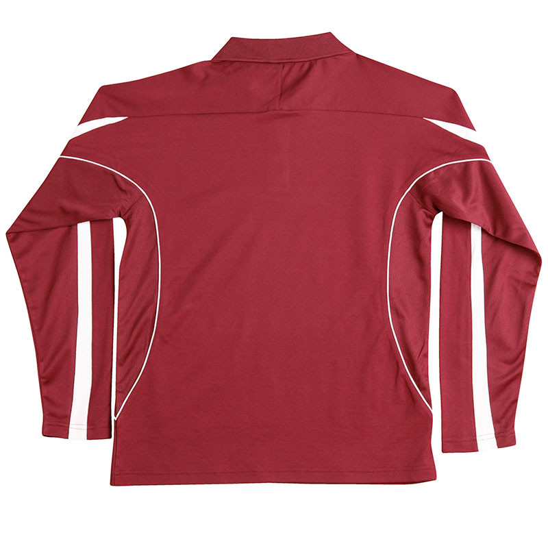 Back view of crimson red kids long sleeve polo with white contrast side panels and piping detail