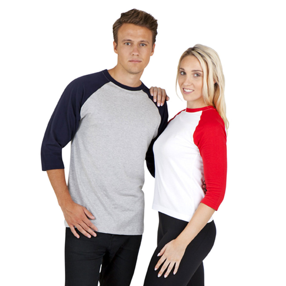 Male and female models wearing raglan baseball tees — grey marle with navy sleeves and white with red 3/4 sleeves