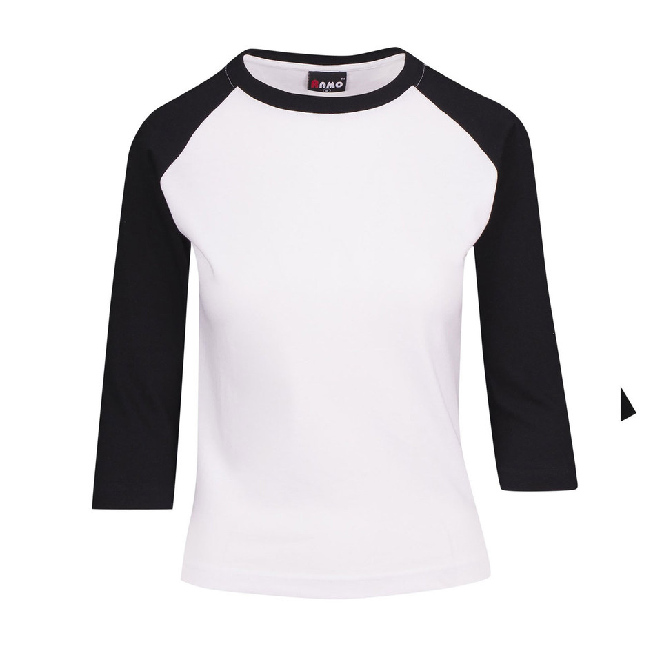 White body baseball tee with black three-quarter raglan sleeves and contrast neckline
