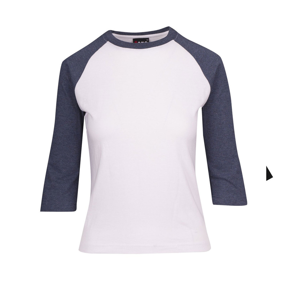 White baseball tee with heathered navy three-quarter raglan sleeves and contrast neckline