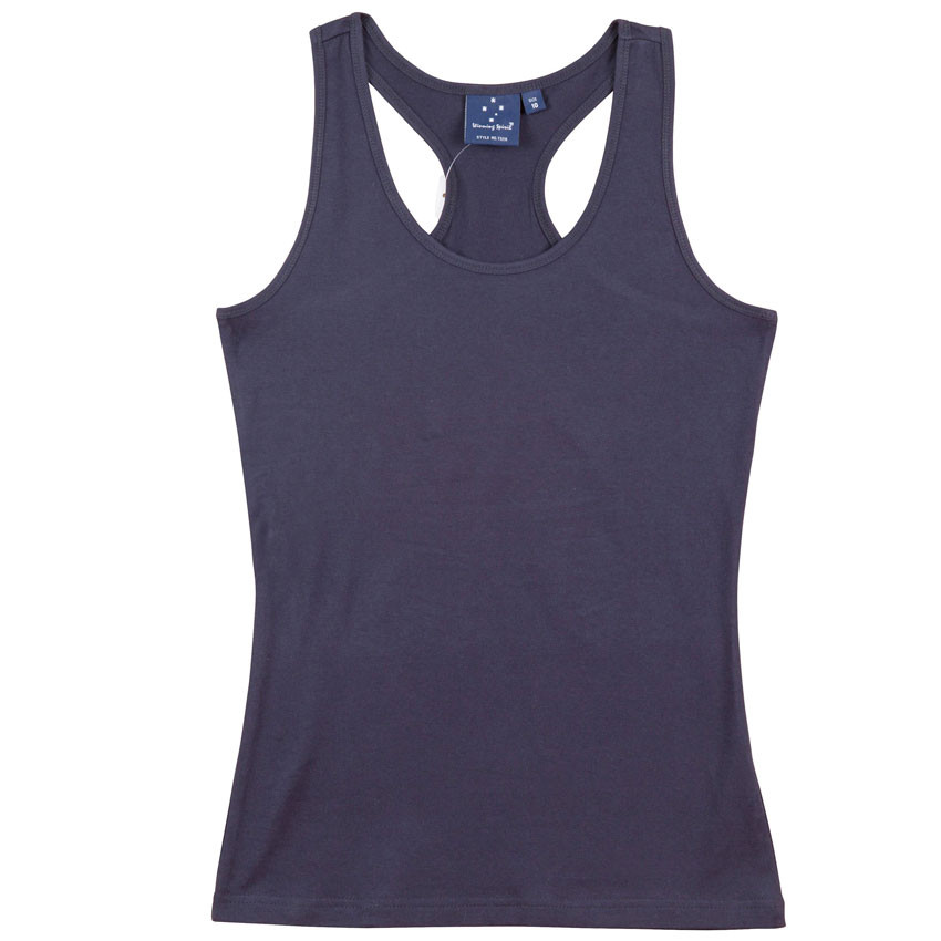 Charcoal grey racerback singlet with scoop neckline laid flat on white background