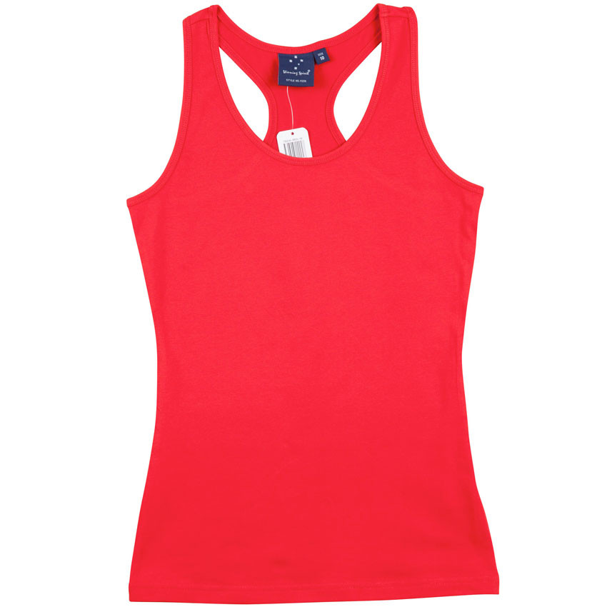 Red Plain Jasmine ladies long body stretch singlet (tank top) with a racer back, ideal for layering, gym, yoga, or everyday casual wear.