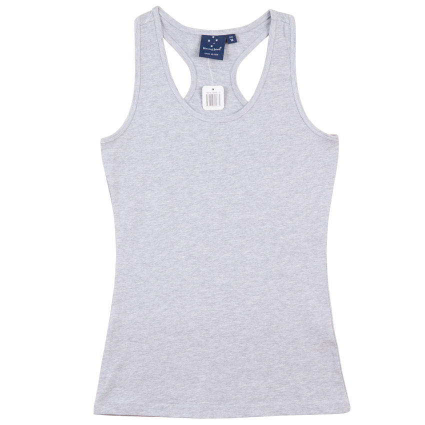 Grey Marle Plain Jasmine ladies long body stretch singlet (tank top) with a racer back, ideal for layering, gym, yoga, or everyday casual wear.