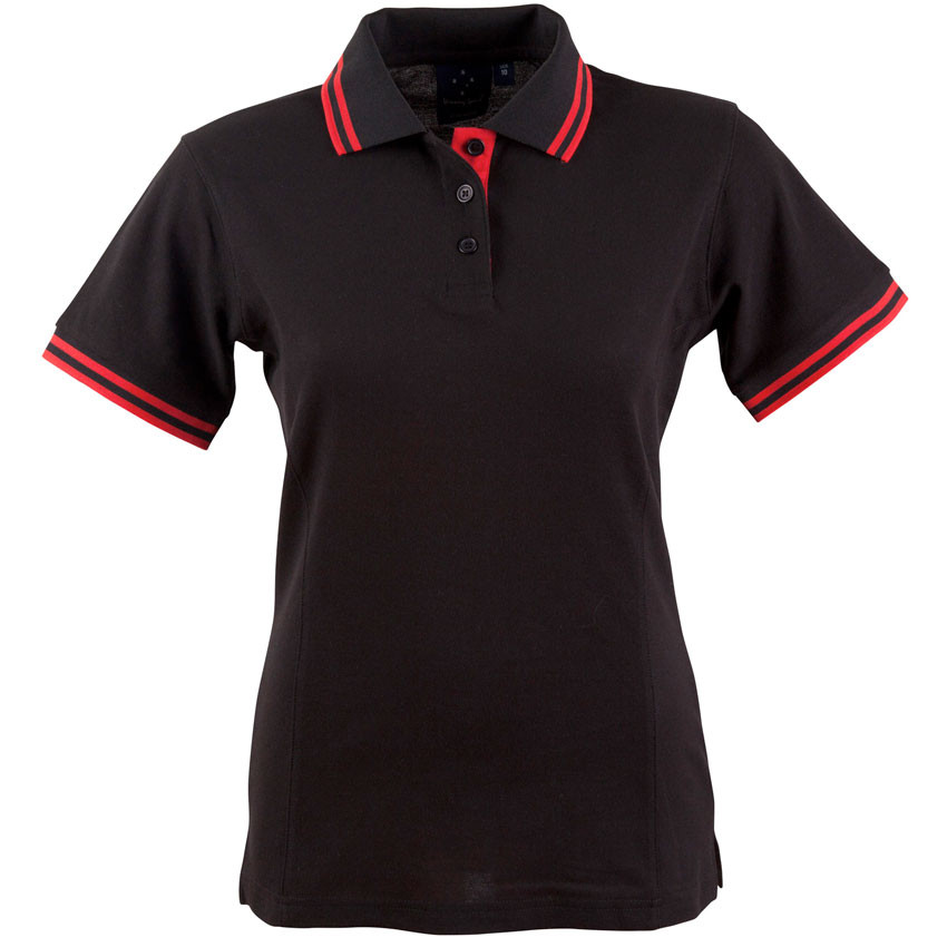Black ladies polo shirt with red contrast trim on collar and sleeves