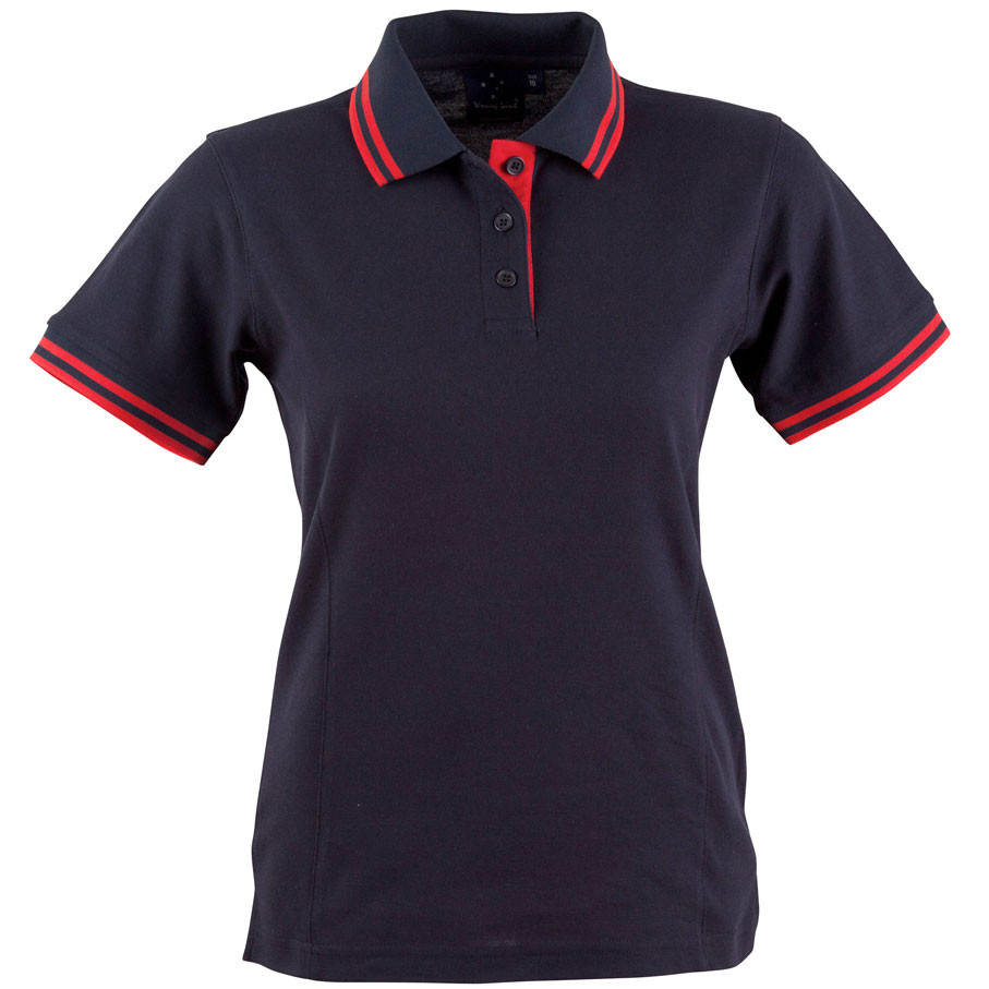 Navy ladies polo shirt with red contrast trim on collar and sleeves featuring button placket