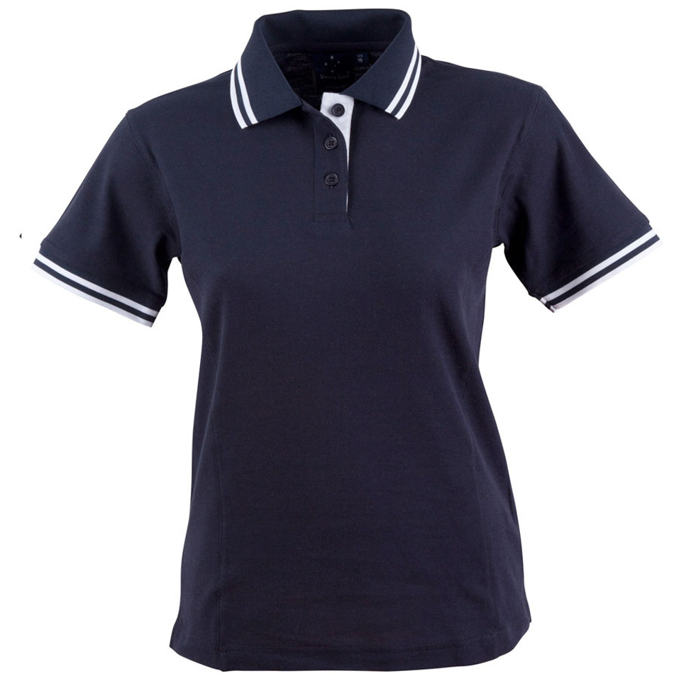 ladies contrast trim polos online | navy + white